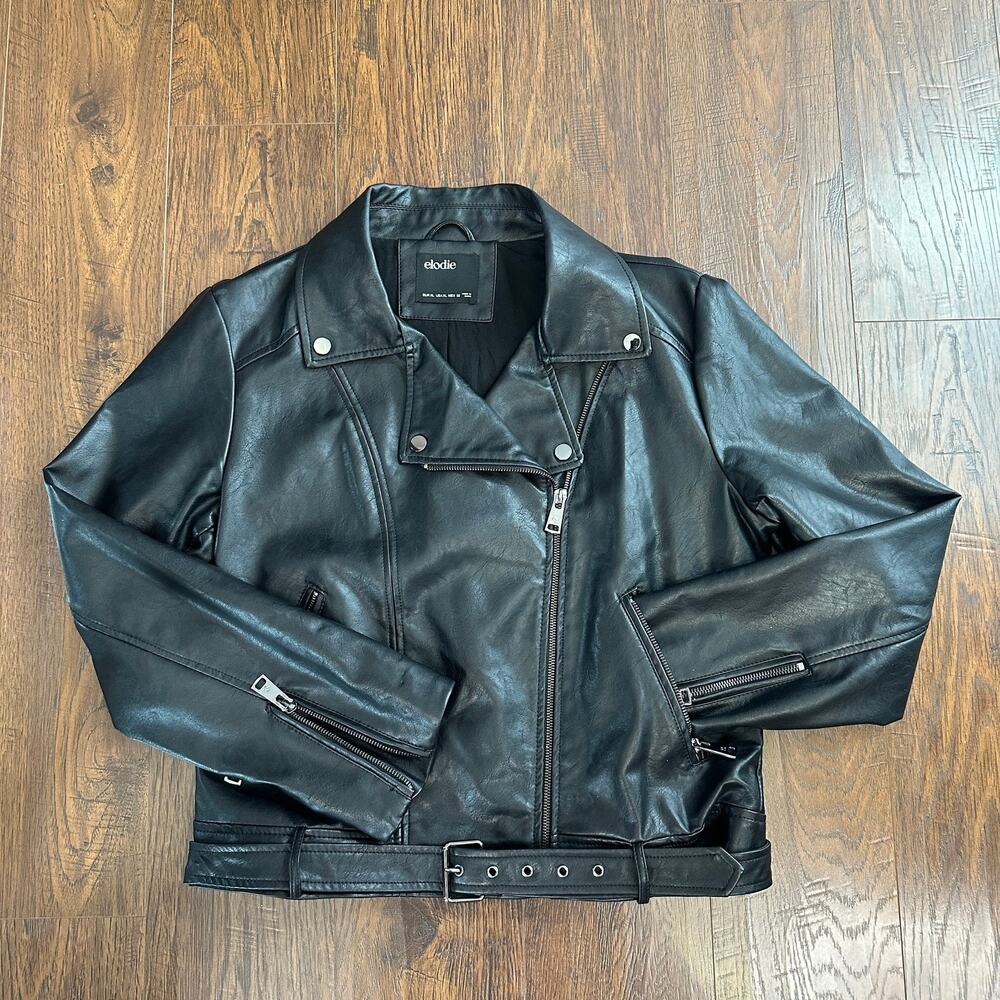 Elodie Jacket WMNS XL Black Solid Belted Moto Biker Faux Leather Y2K Streetwear